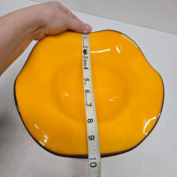 Vintage Teleflora Orange Handblown Art Glass  Ruffle Wave Footed Fruit Bowl - Picture 8 of 8